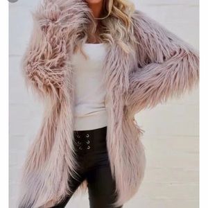 pink long sleeve v neck faux fur coat size medium